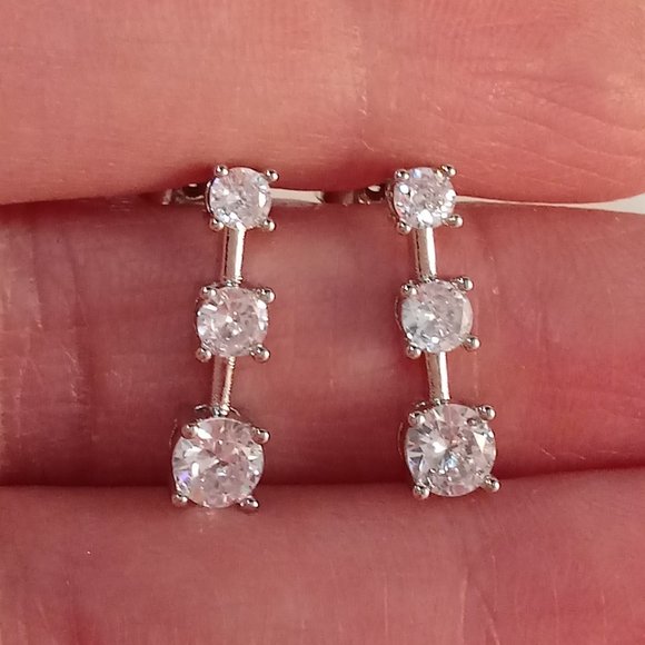 Silver Plated Trilogy 3 Stone Diamond Zircon Drop Stud Earrings Party Gift - Picture 4 of 5